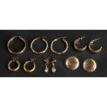 Three pairs of 9ct gold half hoop earrings, a single half hoop earring,