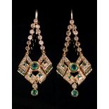 A pair of yellow precious metal, emerald and diamond set pendant earrings, Indian,