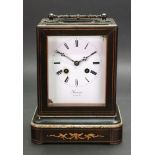 Savoine a Paris; a French mahogany boxwood strung and ebonised carriage clock, circa 1870,