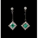 A pair of 18ct white gold, emerald and diamond pendant earrings,
