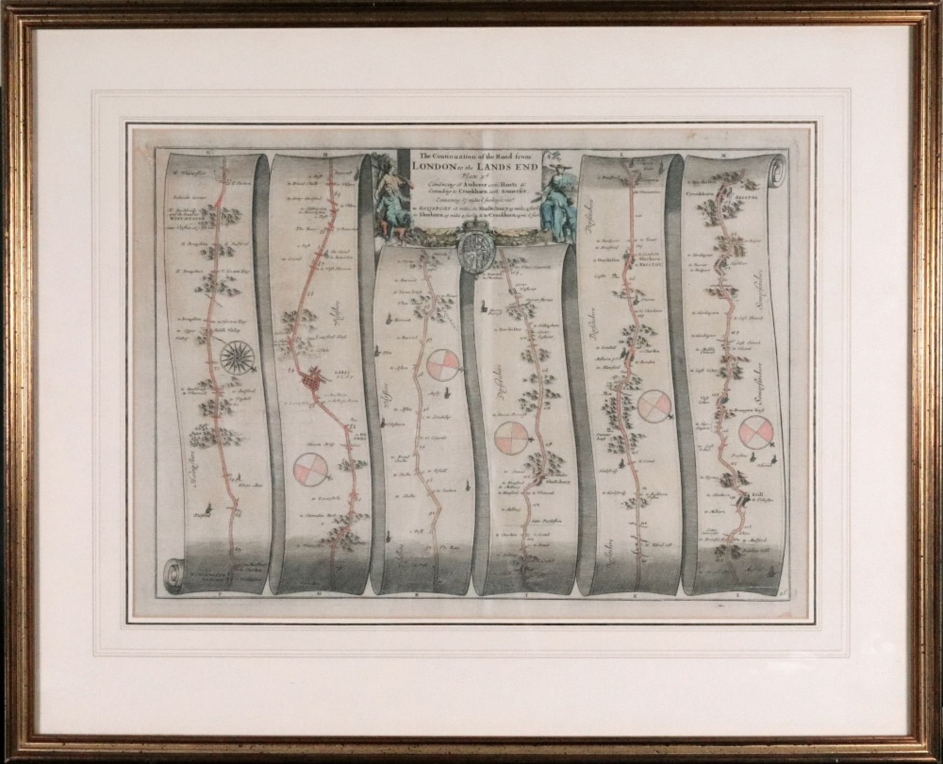 An engraved hand coloured strip map, the construction of the road from London to Lands End pate 2. - Image 2 of 2
