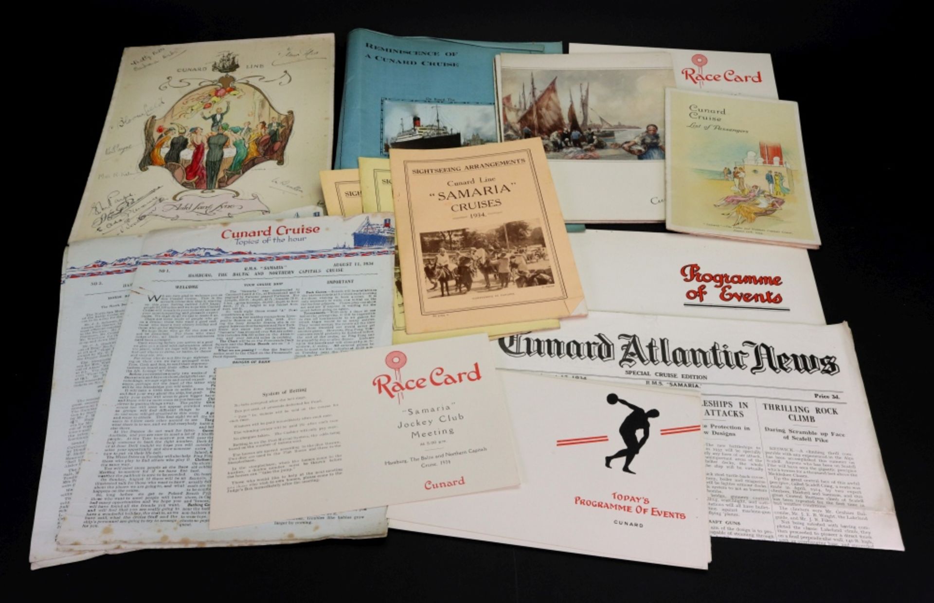 A collection of printed ephemera from a Cunard Cruise of R M S "Samaria" in August 1934,