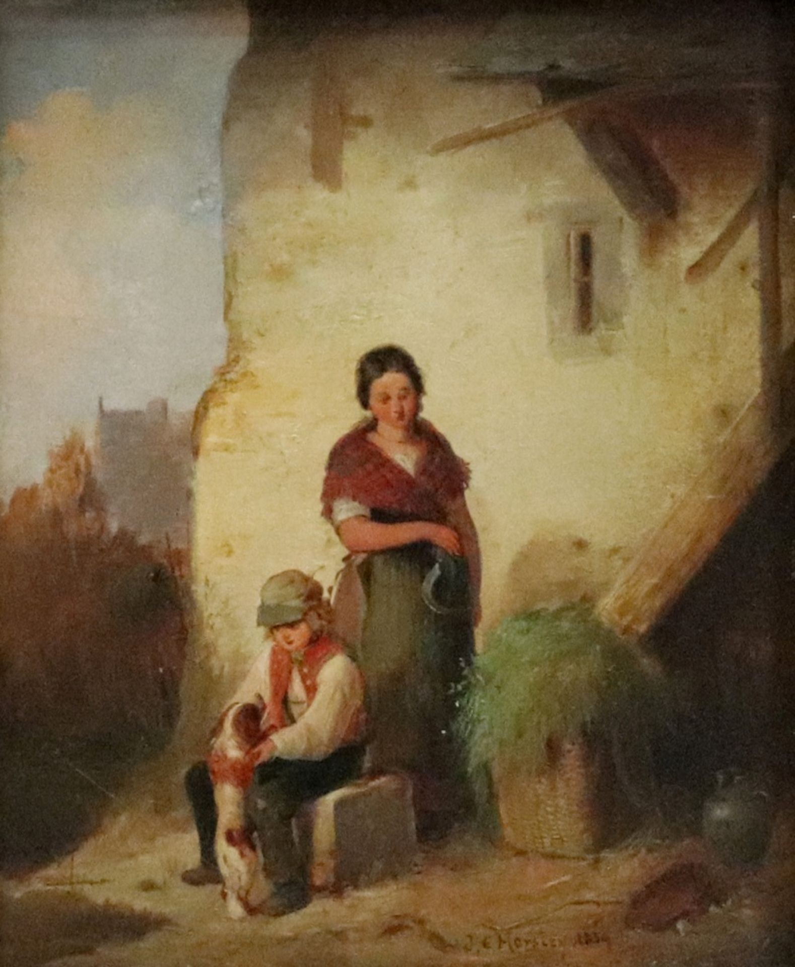 John Callcott Horsley (British, 1817-1903), A woman, a boy and a dog by a building,
