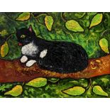Maria Balfour (British, 1934-2007), A black cat seated on a branch, initialled 'M B' (lower right),