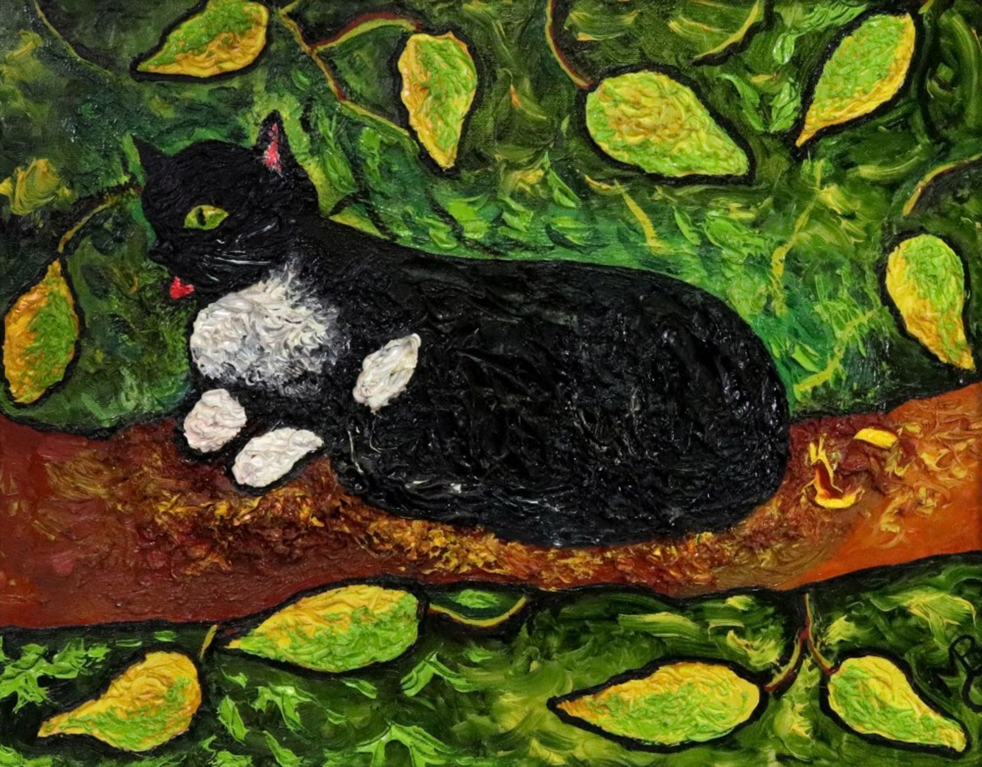 Maria Balfour (British, 1934-2007), A black cat seated on a branch, initialled 'M B' (lower right),