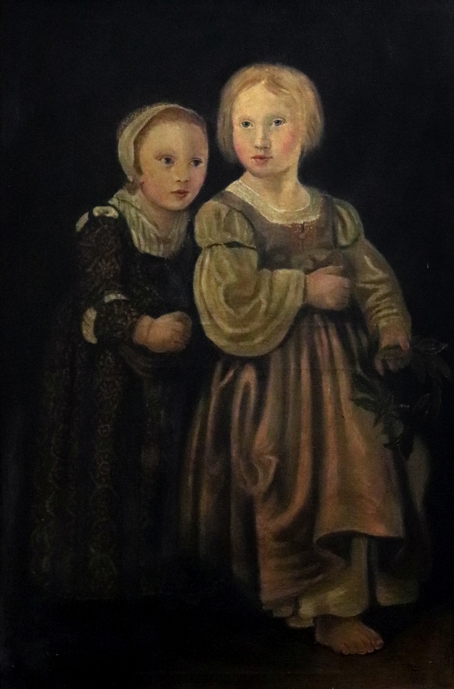 European School, 20th Century, A portrait of two children, oil on canvas, 104 x 69cm.