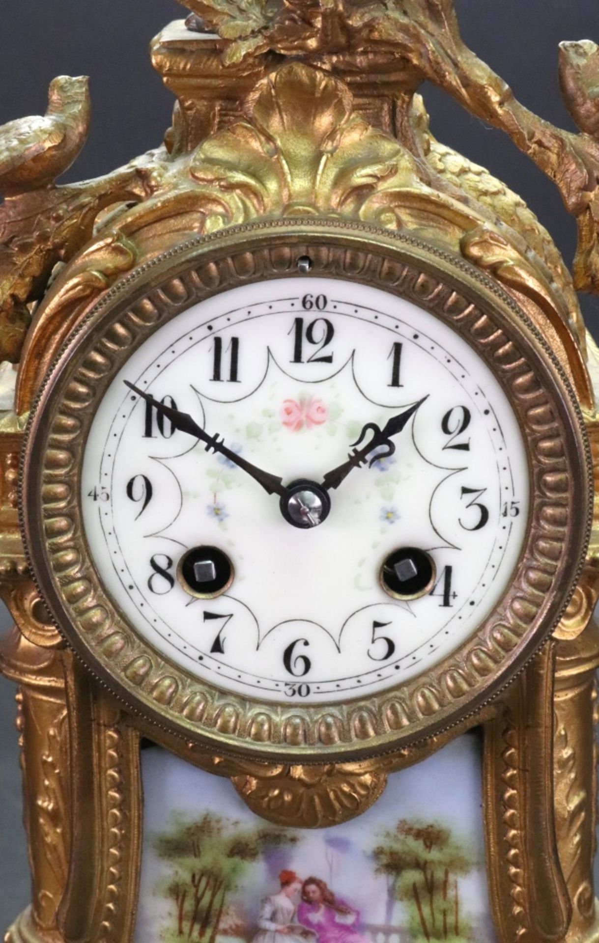 An ornate French gilt metal and porcelain mounted mantel clock, circa 1890, - Image 2 of 4