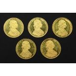 Five Austrian 1915 gold 4 ducats, re-struck, 69.8g.