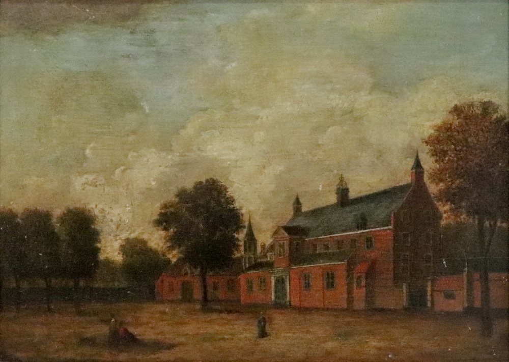 Northern European School, 18th Century, Three figures outside a building, oil on panel, 24 x 34cm.