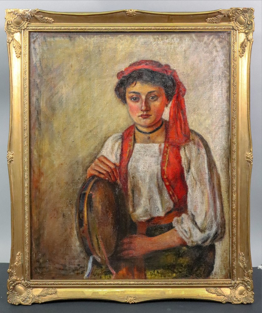 European School, late 19/early 20th Century, A woman with a tambourine, oil on canvas, 60 x 50cm. - Image 2 of 2