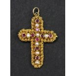 A gold cannetille work cross pendant, 18th/19th century, alternately set with pearls and garnets,