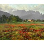 Ramon Vila (Spanish, 20th Century), A field of poppies with a farm house, near Olot, Spain,