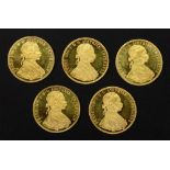 Five Austrian 1915 gold 4 ducats, re-struck, 69.8g.