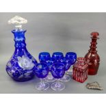 A glass decanter and stopper and seven glasses, 20th century,