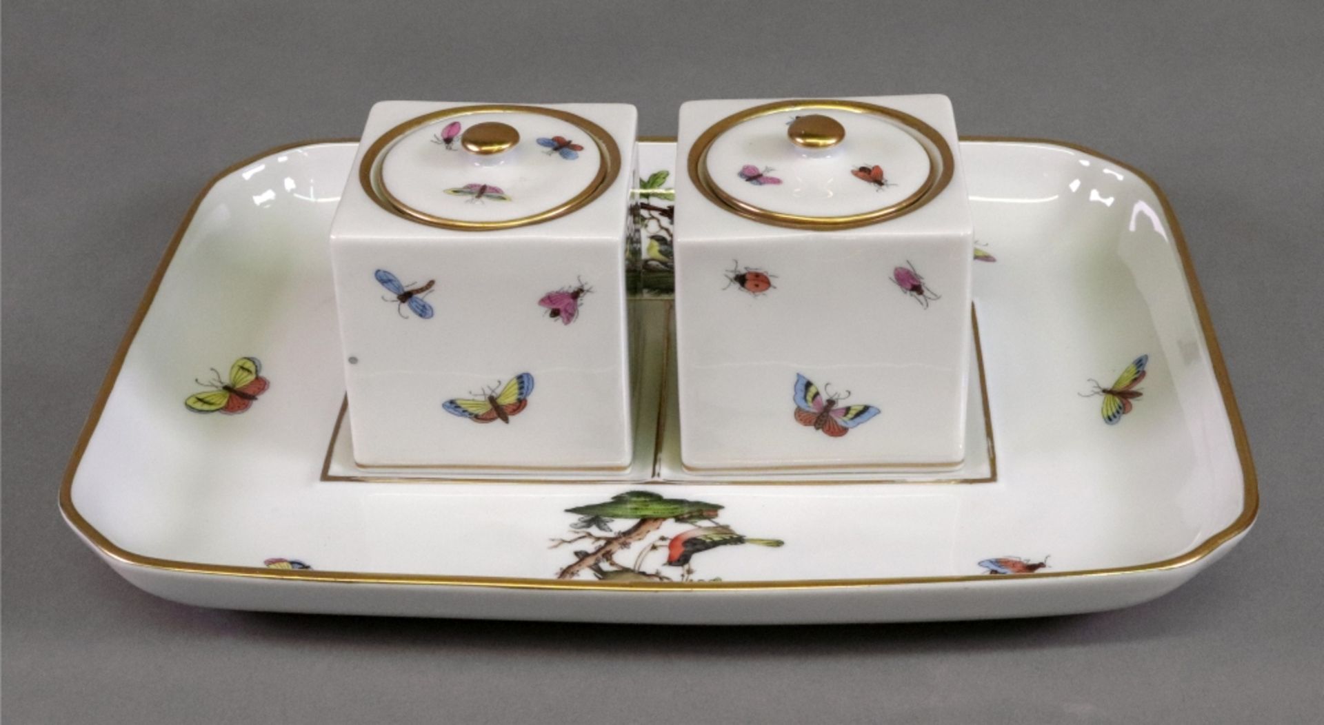 A Herend inkstand, 20th century, painted with the Rothschild Bird pattern,