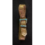 A 9ct rose gold mesh-link bracelet of belt design, the buckle set with turquoise cabochons,