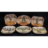 Three pairs of Royal Doulton Dickens ware dishes, one pair shaped rectangular, 23cm wide,