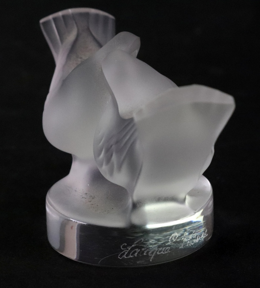 A Lalique crystal kissing doves paperweight, etched Lalique France, 4.5cm high. Illustrated. - Image 2 of 2