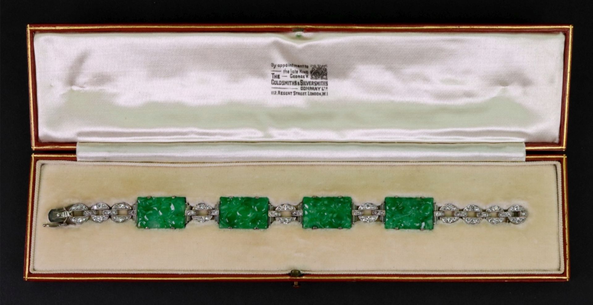 A jadeite and diamond-set bracelet, composed of four carved rectangular jadeite plaques, - Image 2 of 6