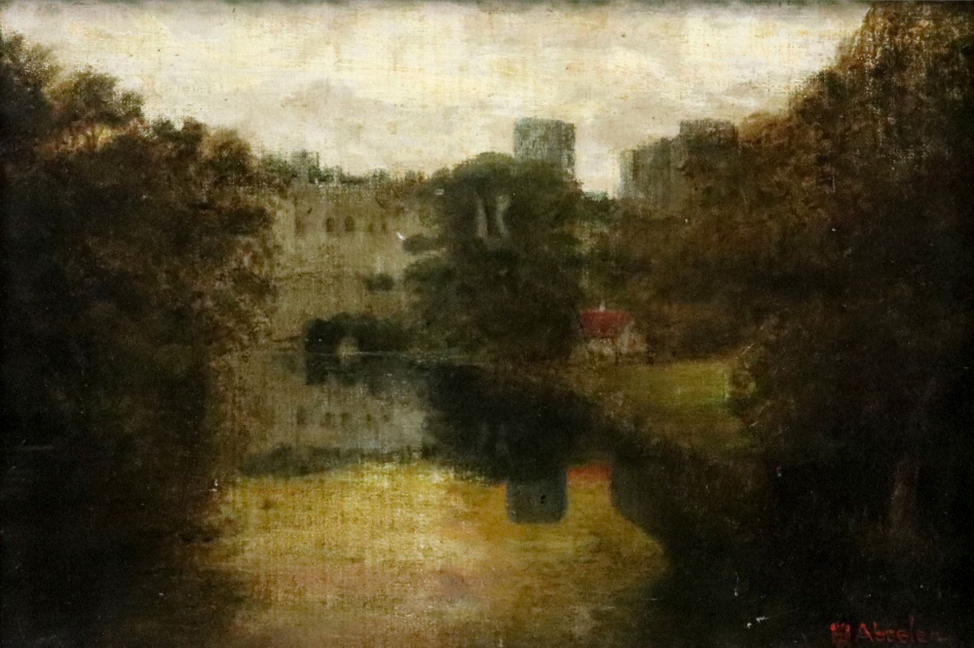 H Abeelen (British, 19th Century), A view of Warwick Castle across the river Avon,