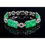 A jadeite and diamond-set bracelet, composed of four carved rectangular jadeite plaques,