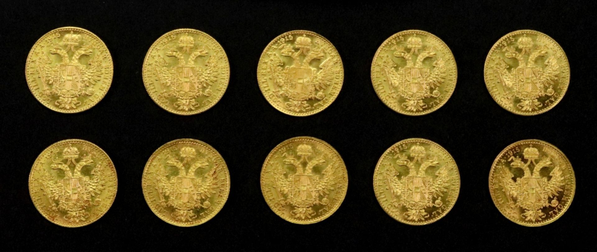 Ten Austrian 1915 gold 1 ducat, re-struck, 35g.