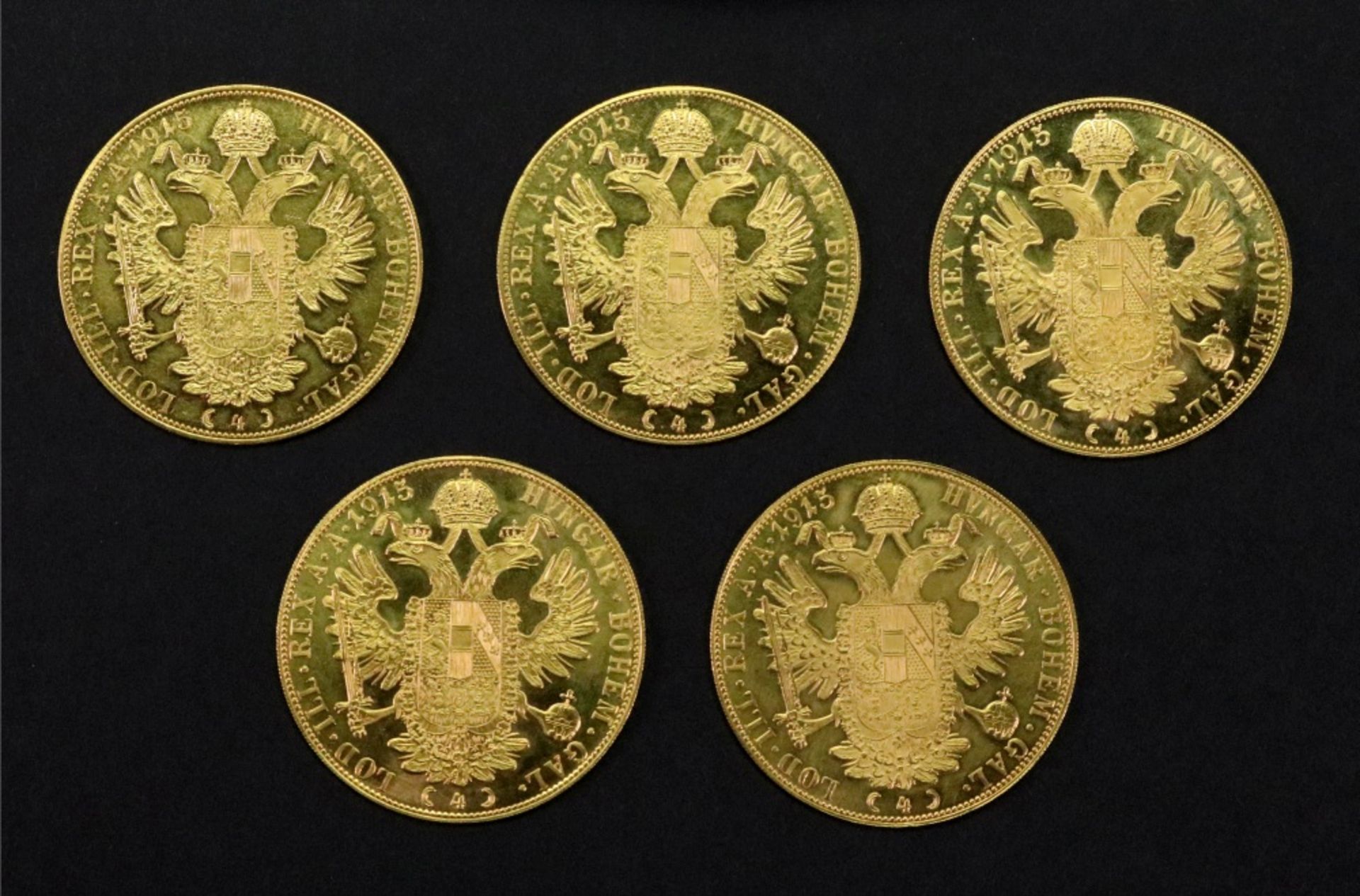 Five Austrian 1915 gold 4 ducats, re-struck, 69.8g.