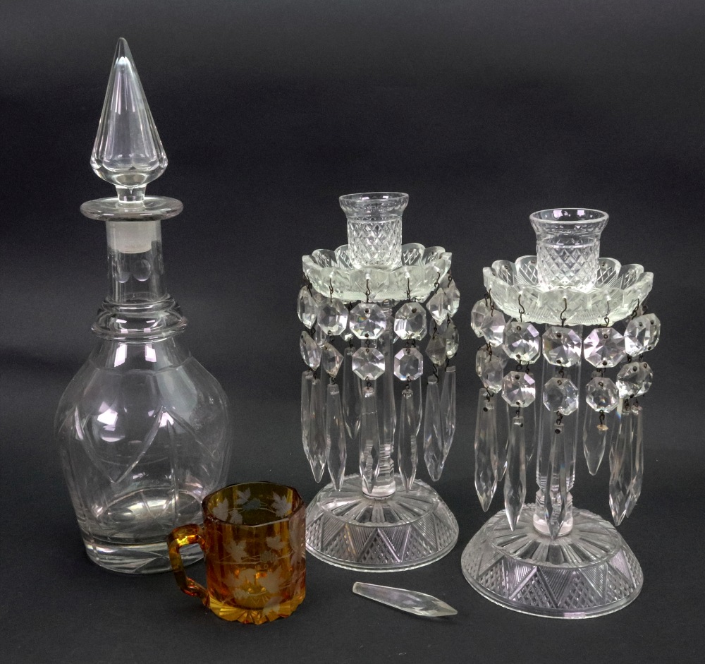 A pair of Regency style cut glass lustres, hung with faceted and spike shape drops,