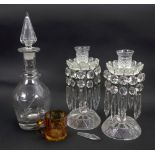 A pair of Regency style cut glass lustres, hung with faceted and spike shape drops,