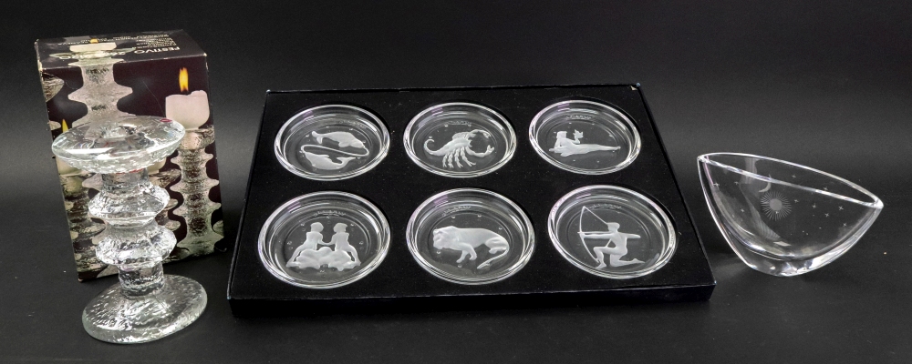 A boxed set of six Val St Lambert signs of the zodiac glass coasters, each 9cm diameter,