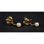 A pair of 18ct gold, cultured pearl, white stone and sapphire-set pendant earrings,