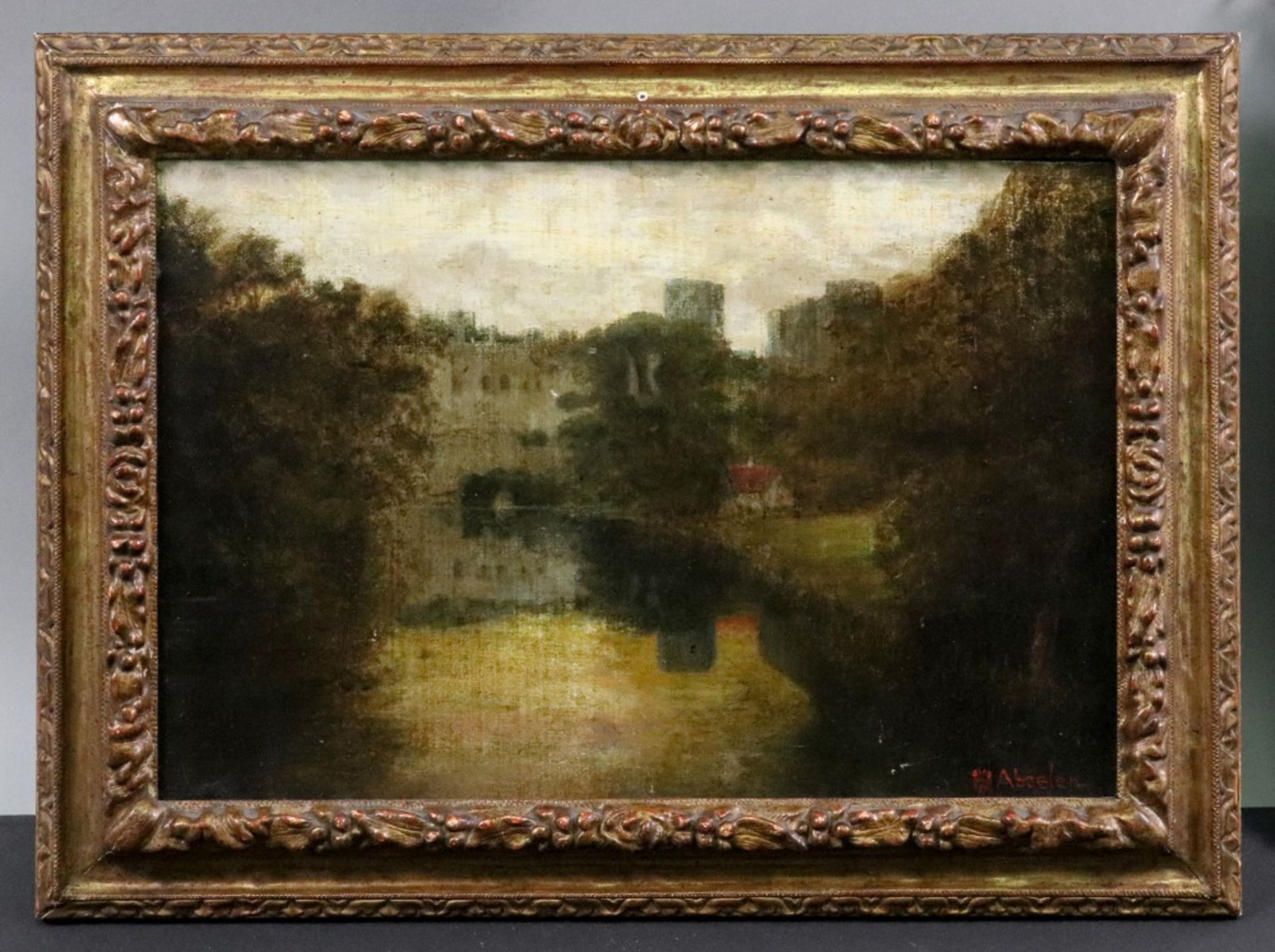 H Abeelen (British, 19th Century), A view of Warwick Castle across the river Avon, - Bild 2 aus 2