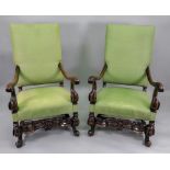 A pair of William & Mary walnut frame elbow chairs,