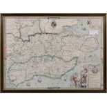 After Christopher Saxton, a reproduction print of a map of Kent, 41 x 56cm,