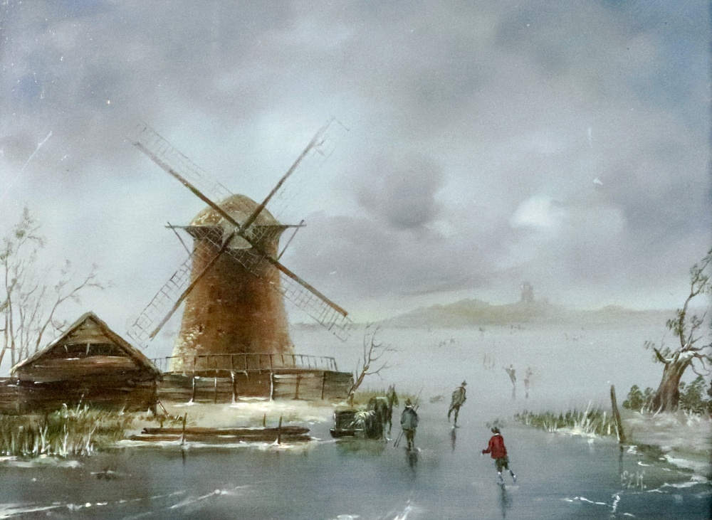 Dutch School, 19th Century, Figures ice skating by a windmill, initialled 'BZK' (lower right),