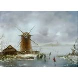 Dutch School, 19th Century, Figures ice skating by a windmill, initialled 'BZK' (lower right),