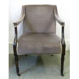 A George III style mahogany open arm elbow chair, 19th century, with an upholstered back,