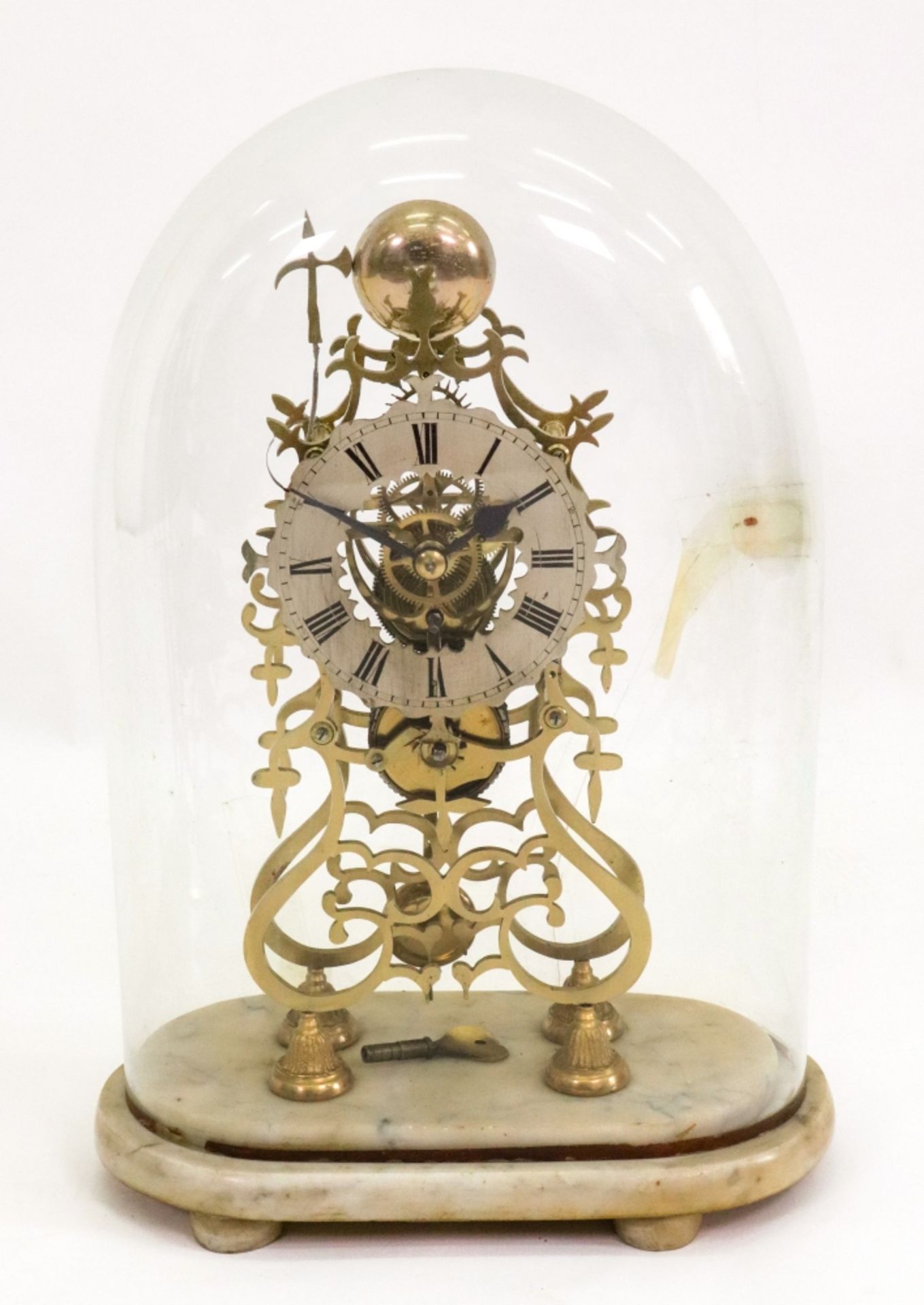 A Victorian brass skeleton clock, of open scrollwork form, the silvered dial with Roman numerals, - Image 4 of 7