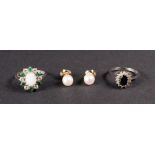 A 9ct white gold, opal, diamond and emerald dress ring, of flowerhead design, ring size K, 2.