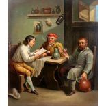 European School, 19th century, three figures seated at a table, oil on board, 28 x 24cm.