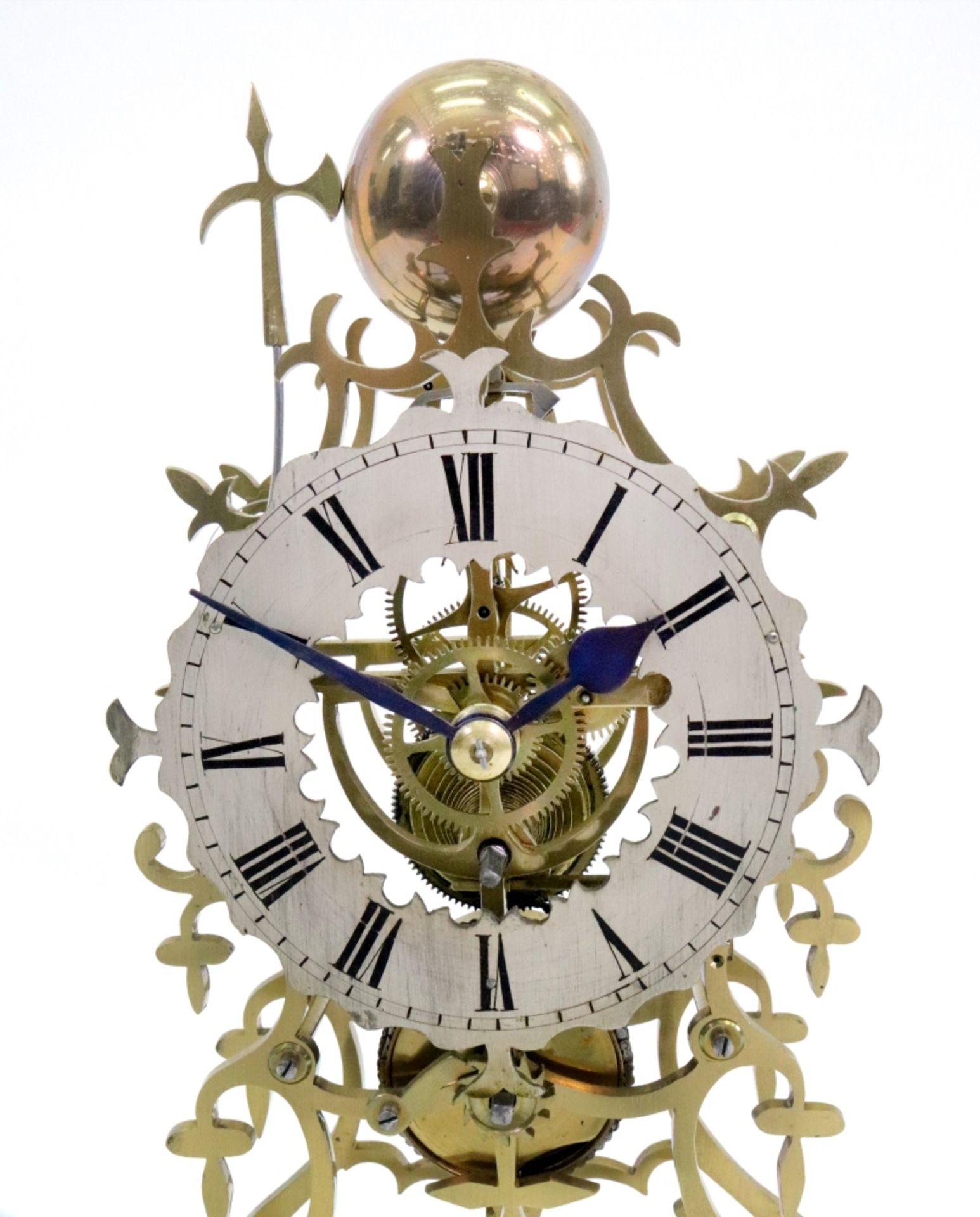 A Victorian brass skeleton clock, of open scrollwork form, the silvered dial with Roman numerals, - Image 5 of 7