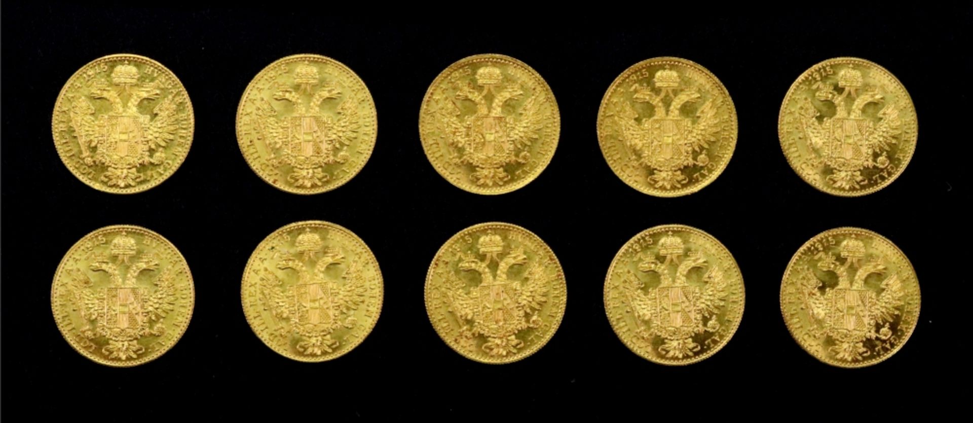 Ten Austrian 1915 gold 1 ducat, re-struck, 35g.