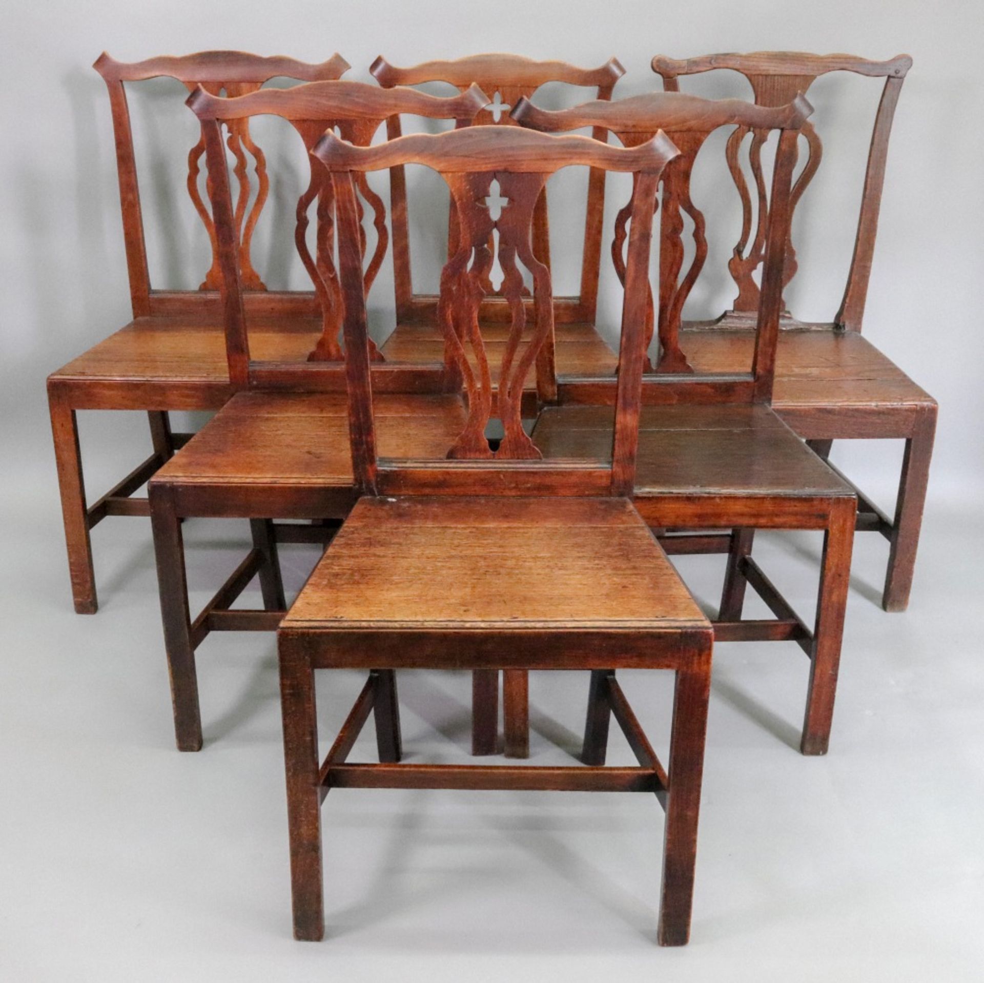 A set of six George III country Chippendale style oak and elm dining chairs, - Image 2 of 3