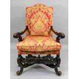 A Charles II style walnut frame armchair, with high arched upholstered back and stuff over seat,