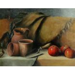 Florence Bramwell (British, 20th Century) Still life of apples, a trowel and plant pots,