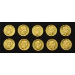 Ten Austrian 1915 gold 1 ducat, re-struck, 35g.