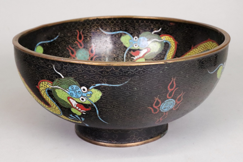 A Chinese cloisonne bowl, decorated with dragons and centred by a floral roundel, 22cm diameter, - Image 3 of 4