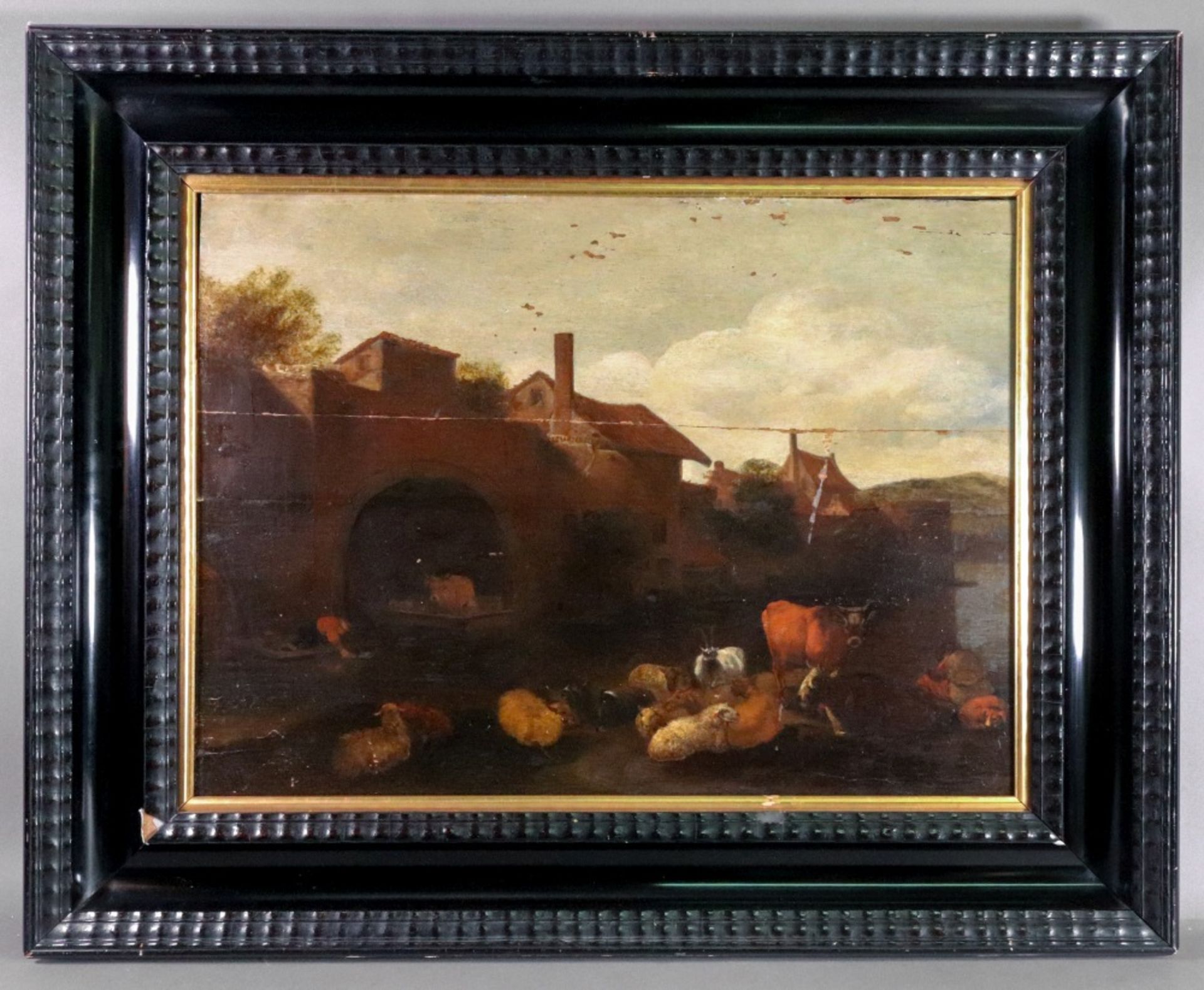 European School, 18th century, Sheep and cattle by a river and buildings, oil on panel, 49 x 66cm. - Bild 2 aus 2