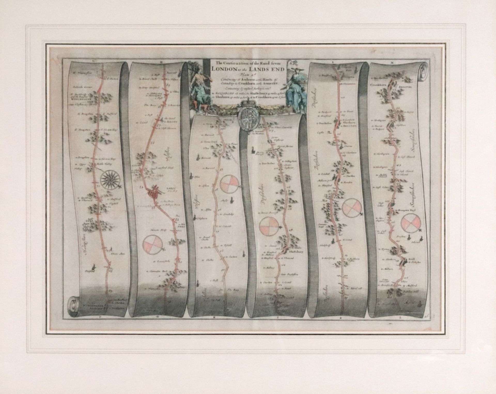 An engraved hand coloured strip map, the construction of the road from London to Lands End pate 2.