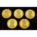 Five Austrian 1915 gold 4 ducats, re-struck, 69.8g.